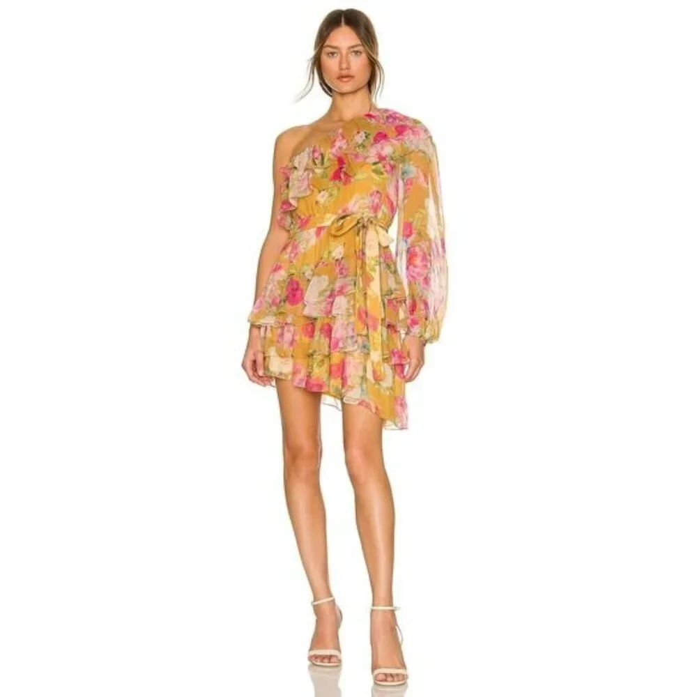 NWT ROCOCO SAND Avar Belted One Shoulder Dress Floral Chiffon Size XS Ochre